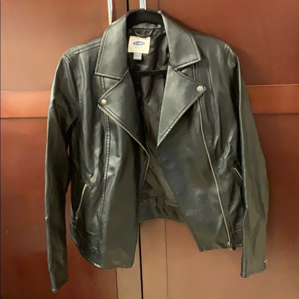 Black synthetic leather jacket women’s.